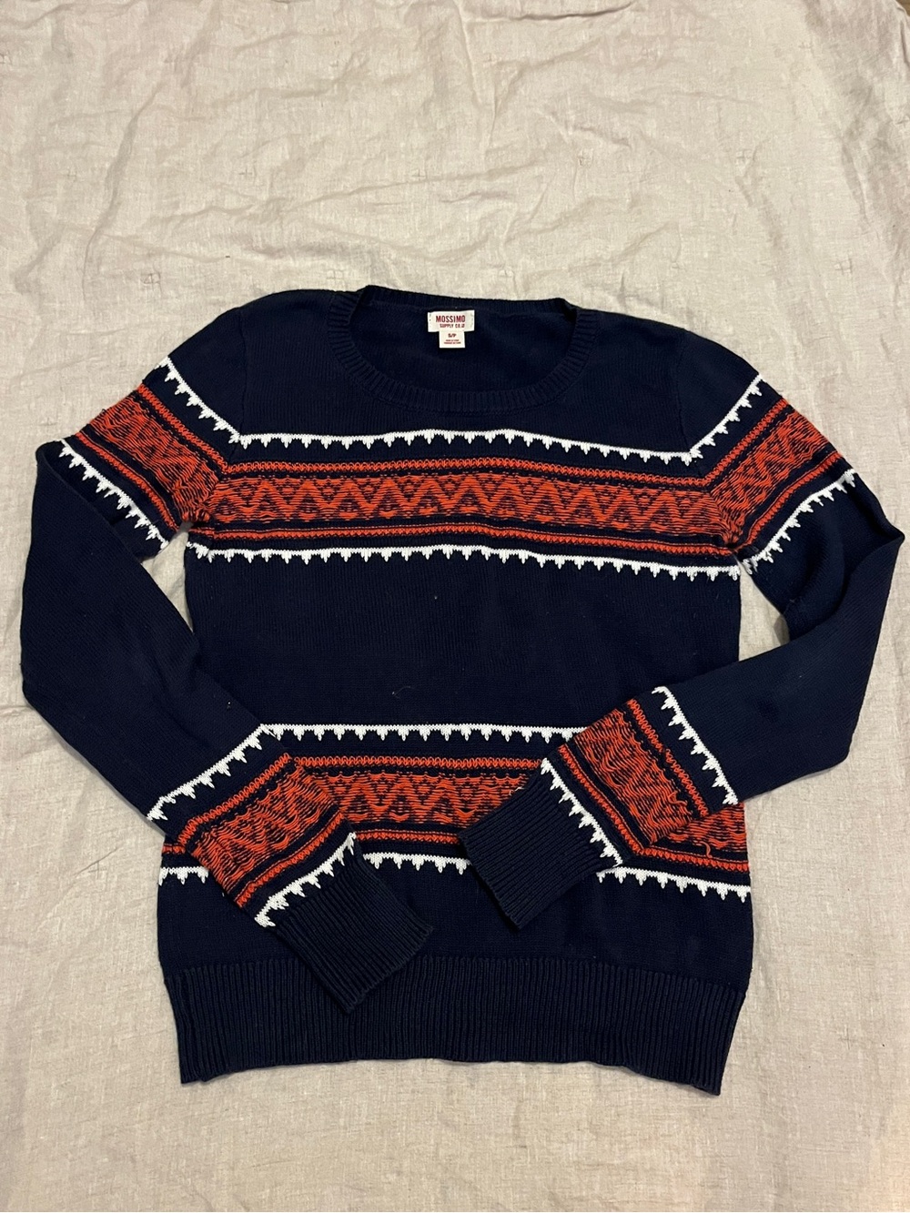 Mossimo Supply Co. Navy Crewneck Sweater with Orange and White Fair Isle Bands